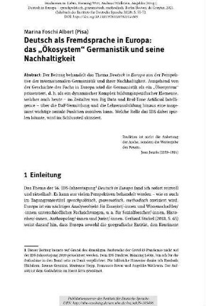 Deutsch als Fremdsprache in Europa: das „Ökosystem“ Germanistik und seine Nachhaltigkeit