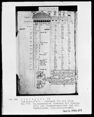 Chorbuch für die Prim — Kalenderseite Dezember mit Monatsbild und Tierkreiszeichen, Folio 81verso