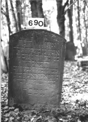 Grabstein 690 (Index: 99900520) Material: Sandstein Zustand: gut erhalten Maße HxBxT: 90x57x6 cm Beschreibung: Stele mit Segementbogenabschluss, vom Oberrahmen eingeritzte, herabhängende Blüte, darunter Levikenkanne Symbolik: Levitenkanne, Blüte: Grabstein 690