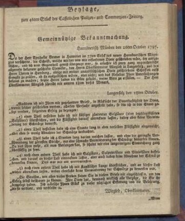Beylage, zum 46ten Stueck der Casselischen Polizey- und Commerzien-Zeitung