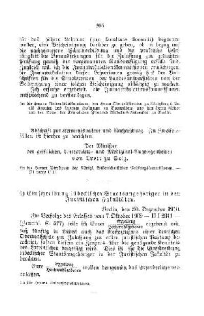 Einschreibung lübeckischer Staatsangehöriger in den Juristischen Fakultäten : [B. Universitäten]