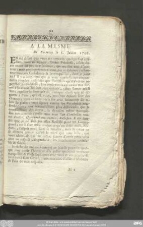 A La Mesme. De Fontenay le 5. Juillet 1708.