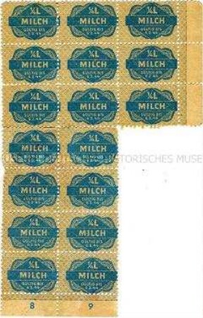 Block mit 17 Lebensmittelmarken für je 1/4 l Milch