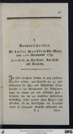 I. Antwortschreiben Sr. kaiserl. Majestät an Kur-Maynz vom 12ten Weinmonat 1785.