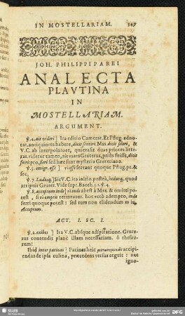 Joh. Philippi Parei Analecta Plautina In Mostellariam