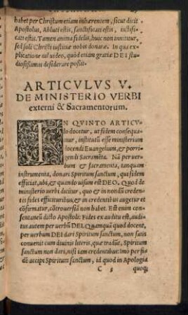 Articulus V. De Ministerio Verbis externi & Sacramentorum.