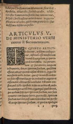 Articulus V. De Ministerio Verbis externi & Sacramentorum.
