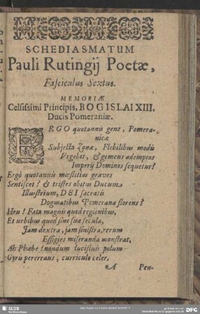 Schediasmatum Pauli Rutingii Poetae, Fasciculus Sextus