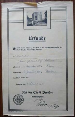 Urkunde über Feuerbestattung von Gustav Adolph Wehner