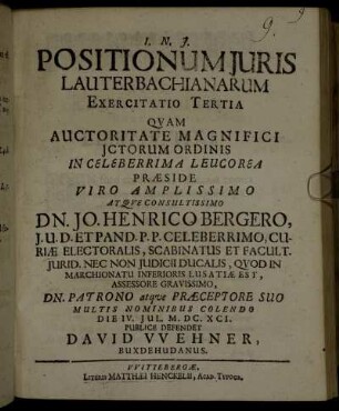 Positionum Juris Lauterbachianarum Exercitatio Tertia