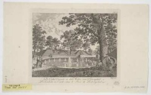 Ansicht von dem zirkelförmigen Bassin im Schlossgarten von Ludwigslust, Radierung, 1782 : Tab. VII. : Die Cirkel Cascade in dem Holtze von Ludewigslust = La Cascade en Cercle, dans le Bois de Ludewigslust / Wolff sculps. - Berlin und Stettin : Friedrich Nicolai , [1782]. - 1 Ansicht