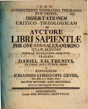 Dissertationem critico theologicam de avctore Libri Sapientiae Philone potius Alexandrino