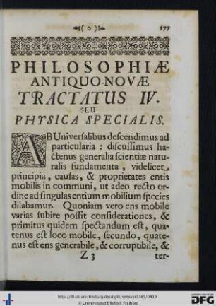 Philosophiae Antiquo-Novae Tractatus IV. Seu Physica Specialis.