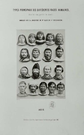 Types principaux des differentes races humaines, dans les cinq parties du monde. Asie : Illustration zu Typen von National-Physiognomien aus Steinpappe. Asien. Fotografie; 47 x 31 cm (Blattgröße) Aus: Types principaux des differentes races humaines dans les cinq parties du monde / [modelés sous la diréction du Pr. Baer de St. Petersbourg. Medaille à Londres exposition de l'instruction publique 1862]