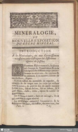 Introduction A la Mineralogie, ou aux Connoissances nécessaires pour distinguer les différentes especes de fossiles