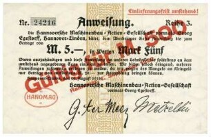 Notgeldschein: Hanomag, 5 Mark mit Überdruck 500 Mark