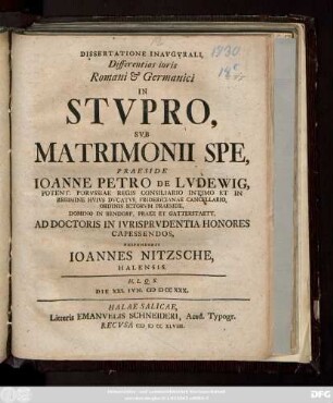 Dissertatione Inavgvrali, Differentias iuris Romani & Germanici In Stvpro Svb Matrimonii Spe