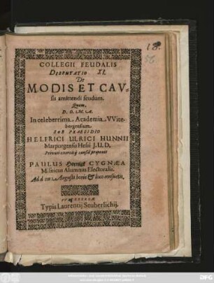 Collegii Feudalis Disputatio XI. De Modis Et Causis amittendi feudum