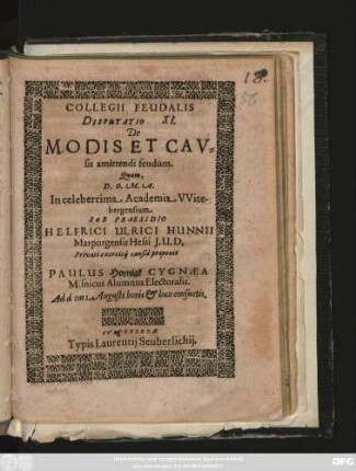 Collegii Feudalis Disputatio XI. De Modis Et Causis amittendi feudum