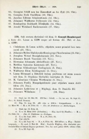 749-756, Matrikel 230, 1-74 (1598/99) und 231, 1-96 (1599)
