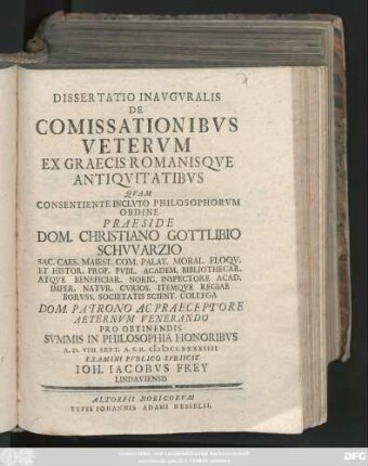 Dissertatio Inavgvralis De Comissationibvs Vetervm : Ex Graecis Romanisqve Antiqvitatibvs