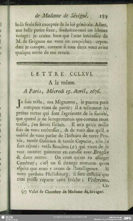 Lettre CCLXVI. A la même. A Paris, Mécredi 15. Avril, 1676