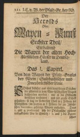 Der Herolds Oder Wapen-Kunst Sechster Theil/ Enthaltend Die Wapen der alten Hoch-Fürstlichen Häuser in Deutschland