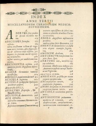 Index Anni Tertii Miscellaneorum Curiosorum Medico-Physicorum.
