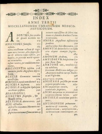 Index Anni Tertii Miscellaneorum Curiosorum Medico-Physicorum.