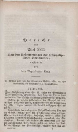 Bericht über Titel XVIII. Von den Uebertretungen der sittenpolizeilichen Vorschriften