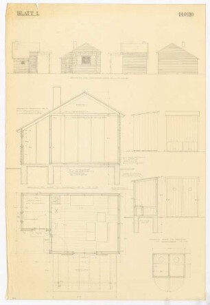 Forstdienstgehöfte, Kruppamühle: Ansichten M 1:50, Schnitt, Grundriss M 1:20