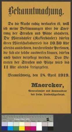 Aufhebung der Ausgangssperre während des Belagerungszustands in der Stadt Braunschweig durch General Maercker