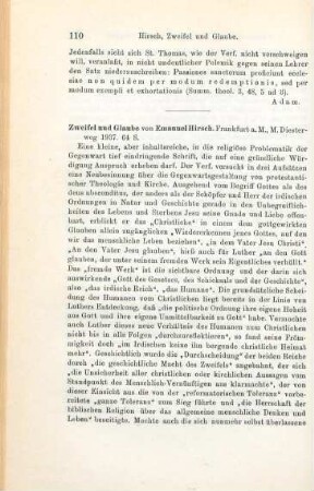 110-113 [Rezension] Hirsch, Emanuel, Zweifel und Glaube