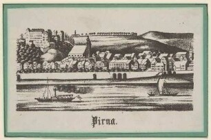 Stadtansicht von Pirna mit dem Sonnenstein und der Marienkirche von Norden über die Elbe