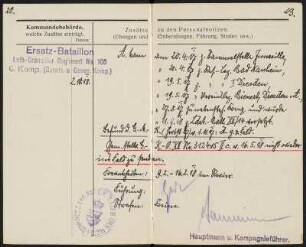 Militärpaß von Max Hermann Angermann : Militärpass, aufgeschlagen, Seite [22] und [23], von Grenadier Max Hermann Angermann (1. Ersatz-Bataillon, 1. (Leib-) Grenadier-Regiment No 100, 1. Kompanie), ausgestellt am 5. Februar 1916, Dippoldiswalde. Dresden: SLUB Mscr.Dresd.Aut.3079