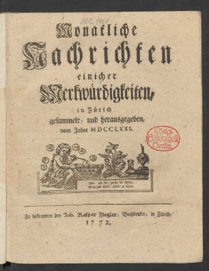 1771: Monatliche Nachrichten einicher Merkwürdigkeiten