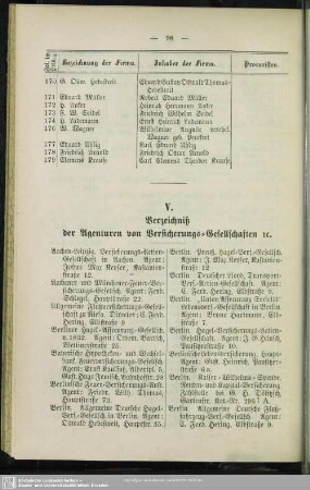 V. Verzeichniß der Agenturen von Versicherungs-Gesellschaften etc.