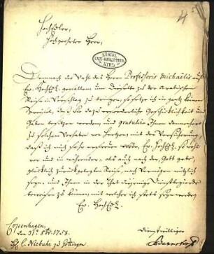 3) Bernstorff an Niebuhr in Göttingen, Kopenhagen, 31. Oktober 1758