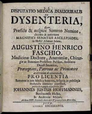 Disputatio Medica Inauguralis De Dysenteria