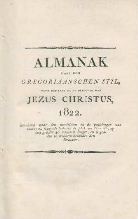 Alamanak naar den Gregorianischen Styl, ... 1822