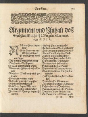 Argument und Inhalt deß Sechsten Buchs P. Virgilii Maronis/ von Aenea.