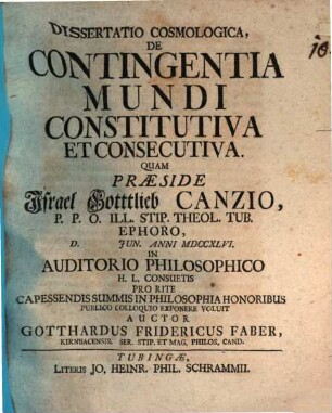 Dissertatio Cosmologica, De Contingentia Mundi Constitutiva Et Consecutiva