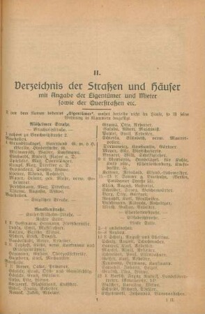 II. Verzeichnis der Straßen und Häuser