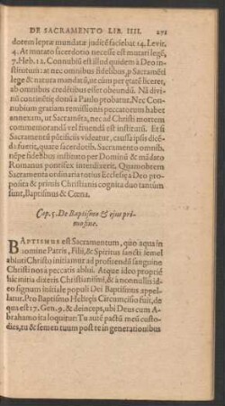 Cap. 5. De Baptismo & eius primo fine.