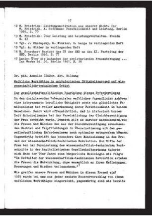 Weibliche Werktätige im schöpferischen Tätigkeitsprozeß auf wissenschaftlich-technischem Gebiet