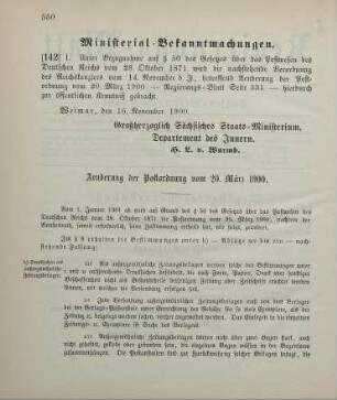 142. Ministerial-Bekanntmachung, betreffend Aenderung der Postordnung vom 20. März 1900