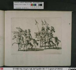 Drei Reiter mit Trompeten gefolgt von drei Rittern zu Pferd.