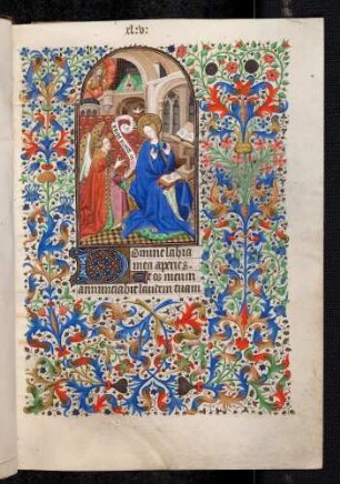 Bordüren-Miniatur-Seite: (Matutin) Mariae Verkündigung; Zierinitiale: D(omine labia mea aperies)