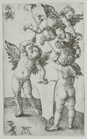Dürer, Albrecht: Drei Genien als Wappenhalter. Kupferstich; 115 x 72 mm. 1501/1502. Dresden: Kupferstich-Kabinett A 848