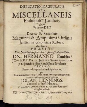 Disputatio Inauguralis De Miscellaneis Philosophco Iuridicis
